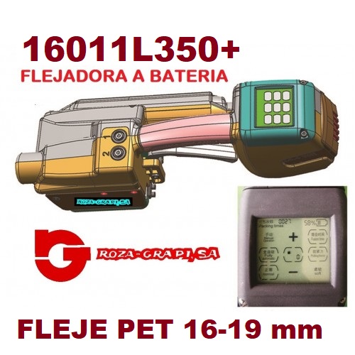 16011L350+ FLEJADORA BATERIA L350+ PP/PET 16 A 19 MM. 
CARGADOR + 2 BATERIAS (OR-T 450)
