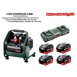 COM-POWER160-C408 COMBO METABO COMPRESOR BATERIA POWER 160 4 BAT LIHD 8 Ah.