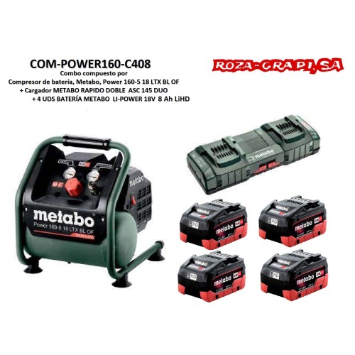 COM-POWER160-C408 COMBO METABO COMPRESOR BATERIA POWER 160 4 BAT LIHD 8 Ah.